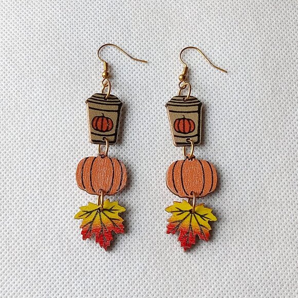 Cute Fall Earrings, Autumn Dangle Earrings, Wooden Earrings - Picture 2 of 5